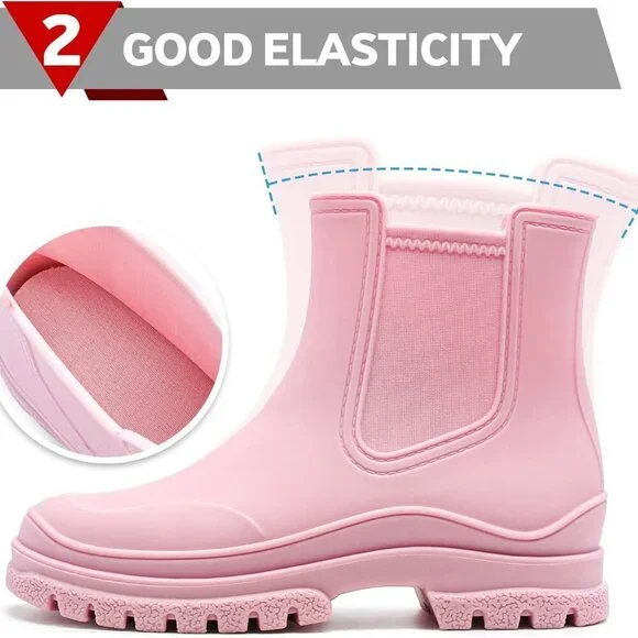 Women's Waterproof Rain Boots Elastic Chelsea Mid Heel Ankle Garden Shoes - Picture 3 of 6
